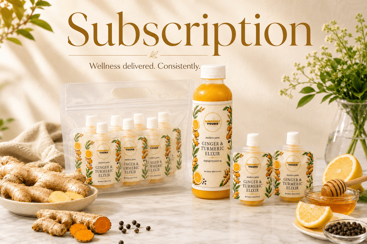 Gingerly Yours subscription product display featuring ginger and turmeric elixir bottles, pouch packs, fresh ginger, turmeric, lemon, honey, and black pepper on a bright marble surface.