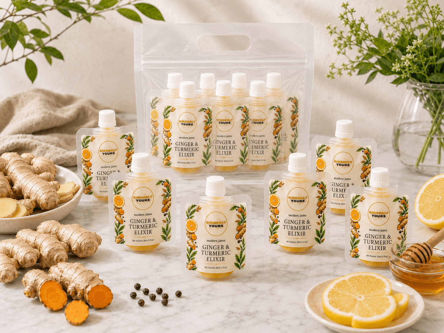 7 Pouches Pack – 30ml Ginger Shot Pouches
