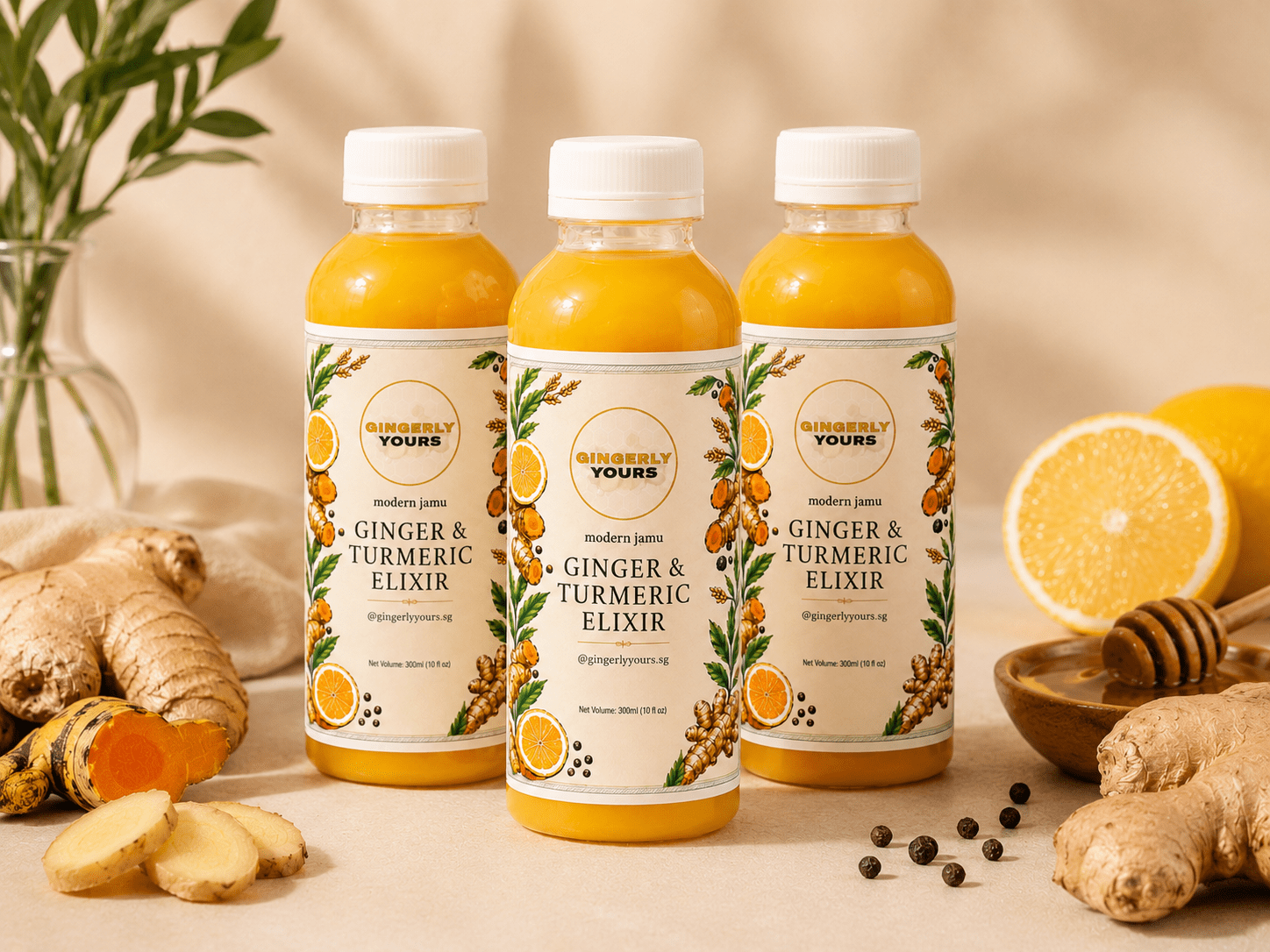 Gingerly Yours 3-Bottle Ginger and Turmeric Elixir Pack 3 Bottles Bundle – 300ml Ginger Shots