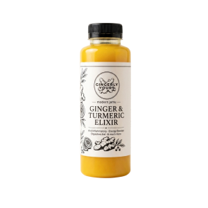 Gingerly Yours 300ml Ginger & Turmeric Elixir bottle with black cap on a light neutral background.