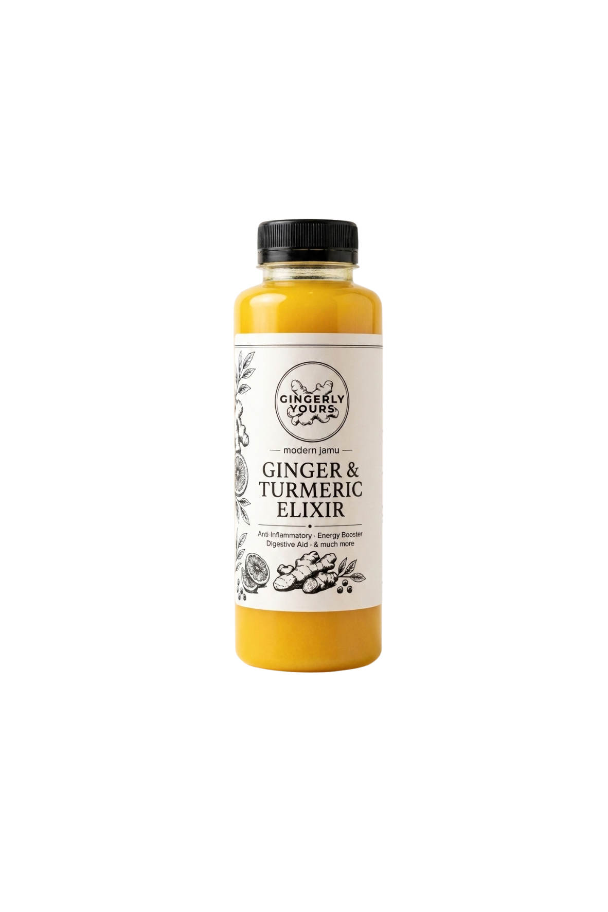 Gingerly Yours 300ml Ginger & Turmeric Elixir bottle with black cap on a light neutral background.