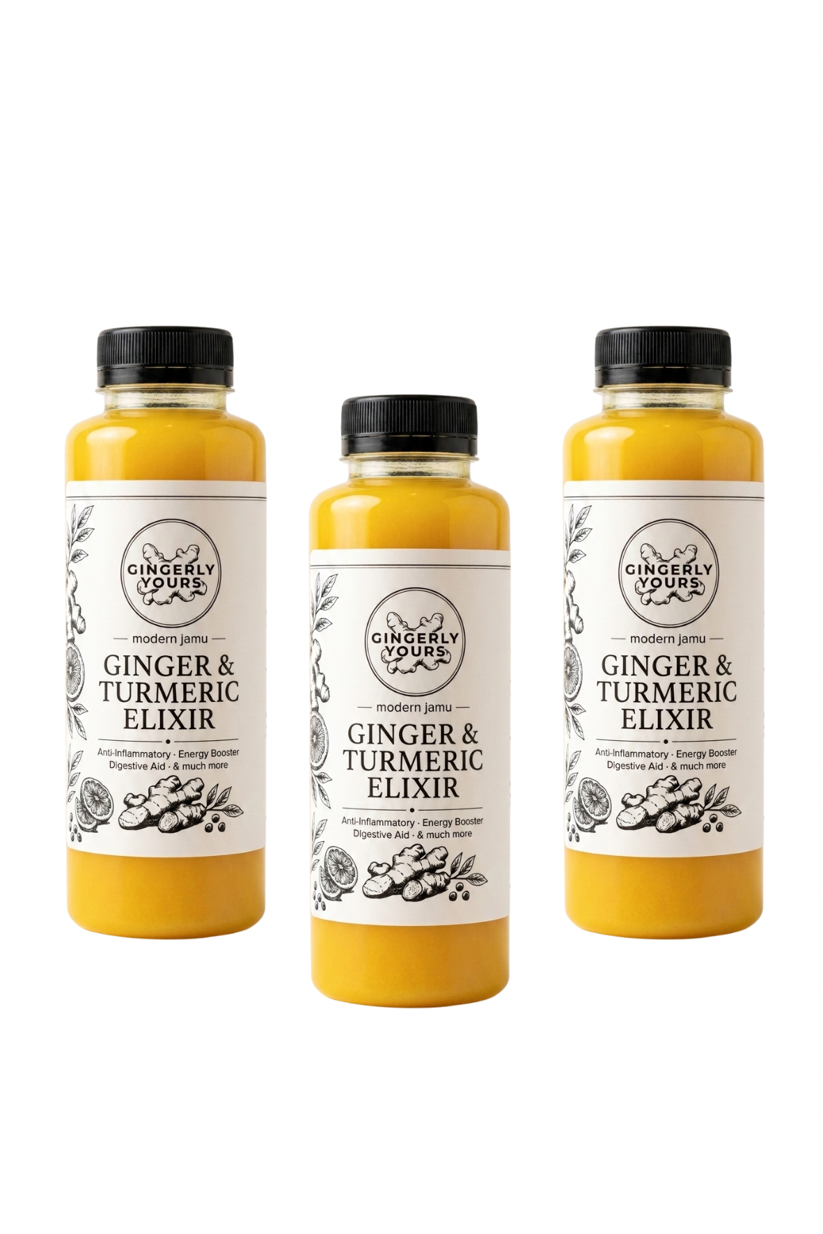 Three Gingerly Yours Ginger & Turmeric Elixir bottles arranged on a white background.